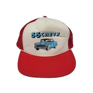 55 Chevy Car White Red Trucker Snapback Hat Rare Civic Caps Chevrolet OSFA Blue
